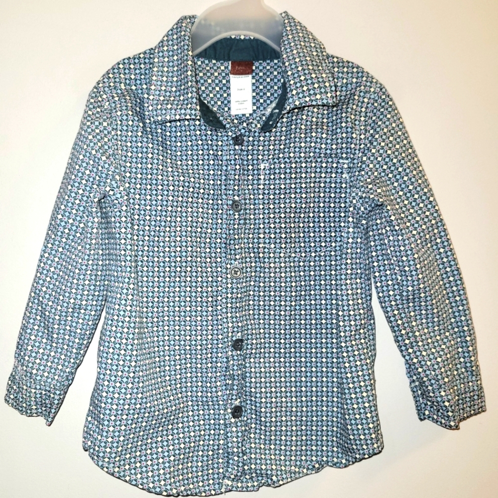 💠 TEA Blue Green Geometric Print Cotton Button Down Shirt Toddler Boys Size 2